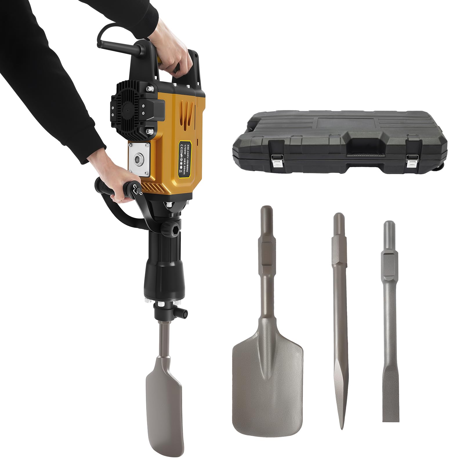 Deinungen 1700W Demolition Hammer Breaker In Case,Electric Jack Hammer Concrete Breaker With Flat Chisel, Scraping Chisel And Point Chisel