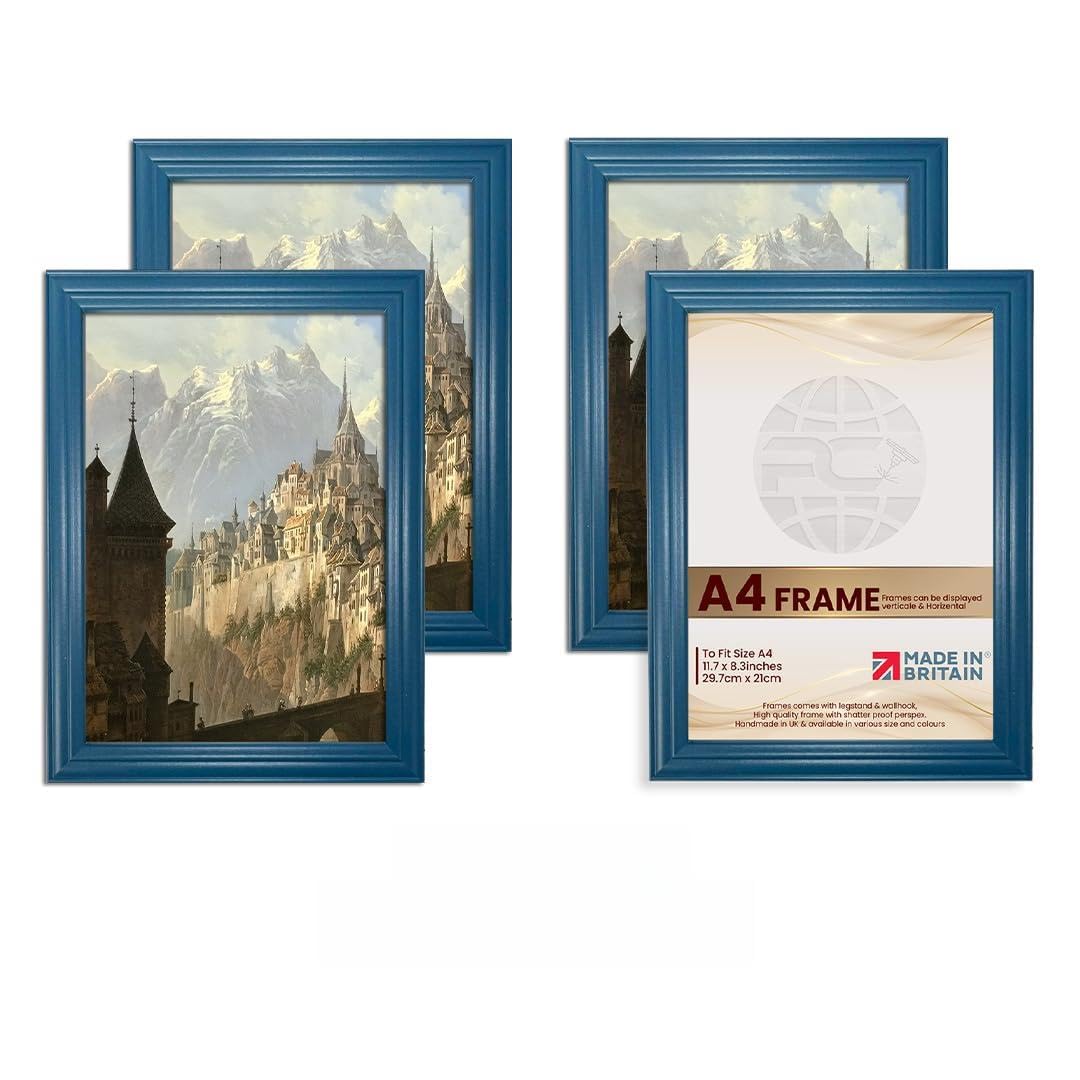 Procut Global Picture Frames A4 Navy Blue (Pack of 4) - Classic A4 Frames With Safe Perspex Front & Wall Hanging Hooks - Premium Synthetic Wood - Handmade Frames