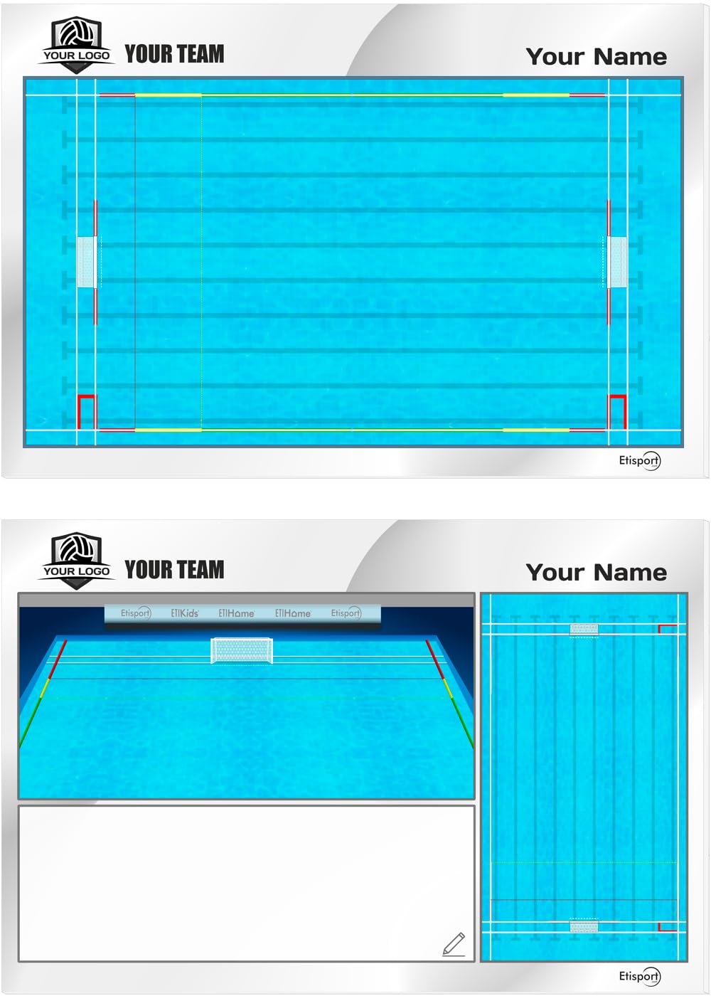 Waterpolo Coach Tactical Board. Double-Sided, Suitable for Dry Erase Markers. Customized with Color, Crest or Logo, Name, and Club.