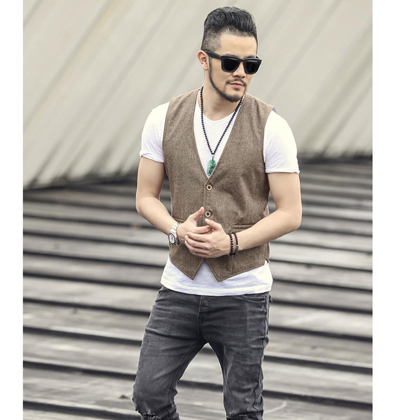 Gilet da uomo senza maniche in cotone e lino casual Gilet da spiaggia estivo slim fit tinta unita a 3 bottoni