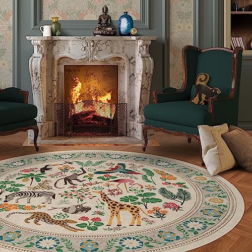 Image of RUGGABLE x Iris Apfel Machine Washable Modern Area Rug – Jingle Jungle 6 ft Round, Stain-Resistant, Non-Slip – Medium Rugs for Living Room, Bedroom, Hallway, Entryway & Office–with Cushioned Pad