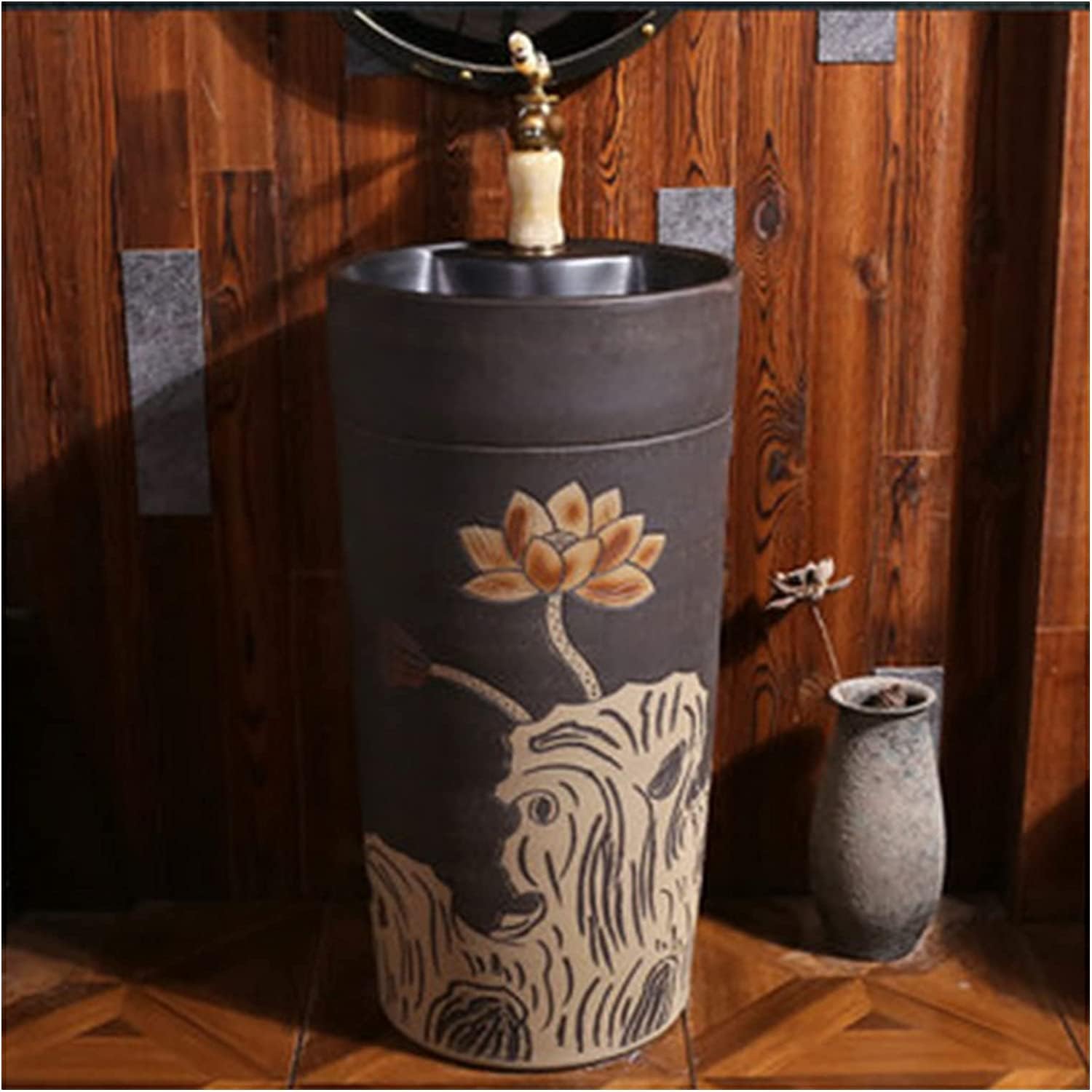 Full Pedestal Art Bathroom Basin Sink Pedestal Bathroom Sink Ceramic Retro Industrial Style Decorative Pedestal Hard and (Color : O Size : with Mirror (Q Without Mirror)) (X with Mirror)