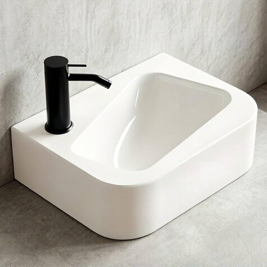 Lavabo de cerámica blanca para baños pequeños, lavabo suspendido rectangular de 35.5×25.5 cm, lavabo encimera moderno colgado a pared con desagüe izquierdo