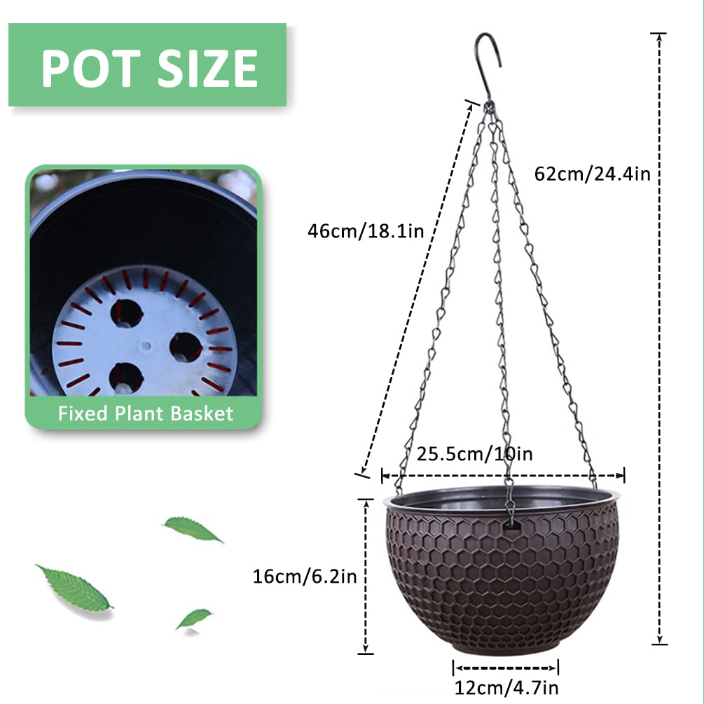 Lot de 3 pots de fleurs suspendus, auto-arrosage, pots de fleurs suspendus avec réservoir d'eau et trou de drainage, nid d'abeille chaînes en acier inoxydable intérieur et extérieur
