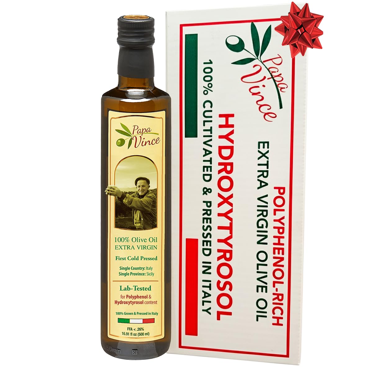 Hydroxytyrosol Olive Oil Extra Virgin - lab tested hydroxytyrosol, polyphenol-rich, first cold pressed, harvest 2024/25, family-owned, unblended, delicate peppery finish, single estate, Sicily, Italy