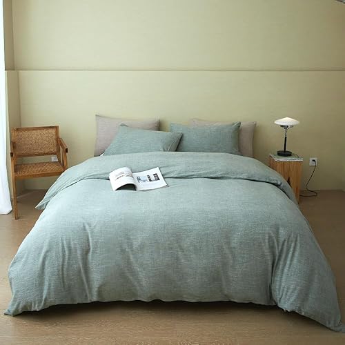 Miniatura 5 de BFS Home Juego de funda de edredón de 3 piezas de algodón y lino lavado, agradable a la piel, con textura abultada (en color azul pavo real, tamaño
