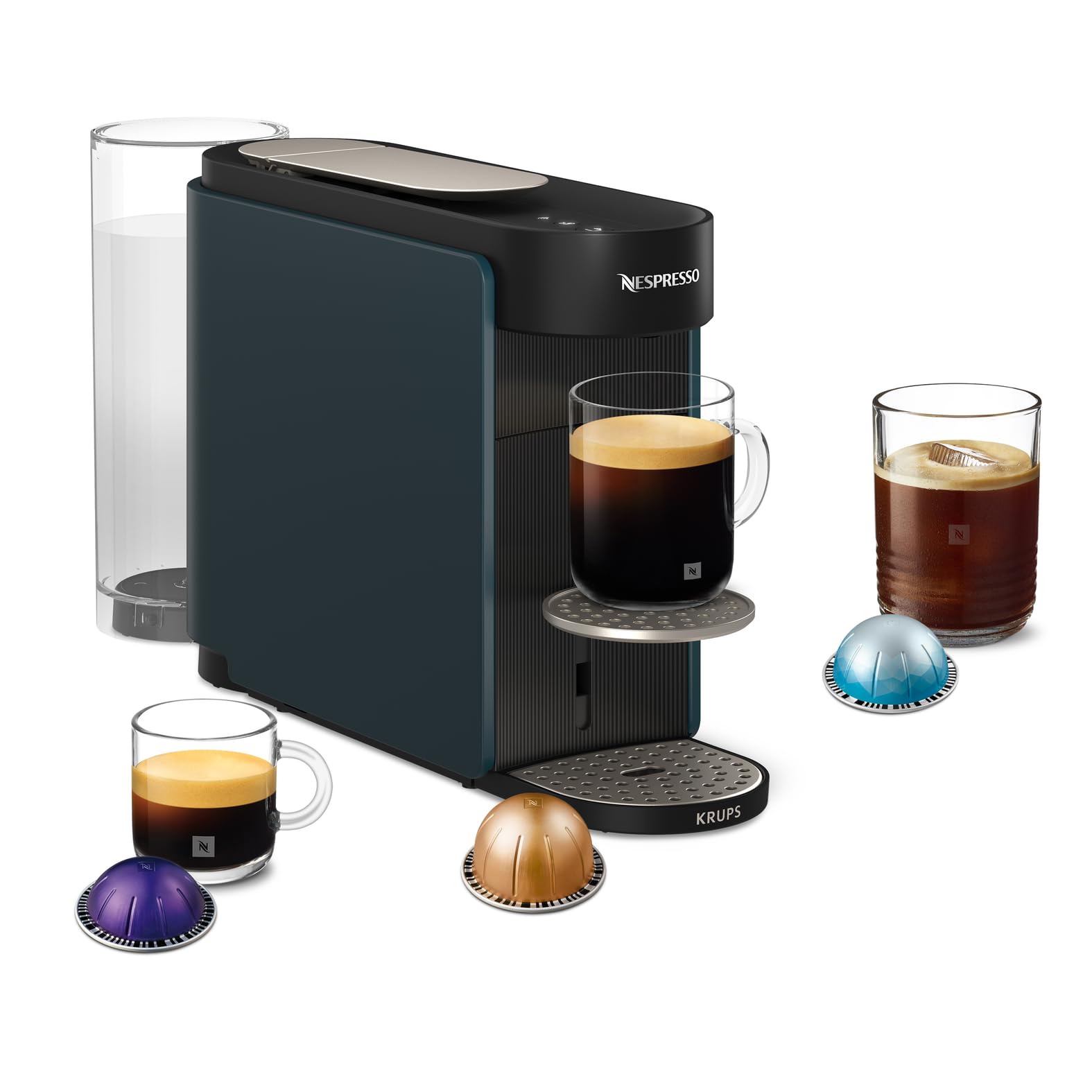 KRUPS Nespresso Vertuo Up, Cafetera de cápsulas, 7 tamaños de taza, Nespresso Smart, Depósito de 1,4 L, Lista en 3 segundos y Apagado automático, Azul océano, XN9404F0
