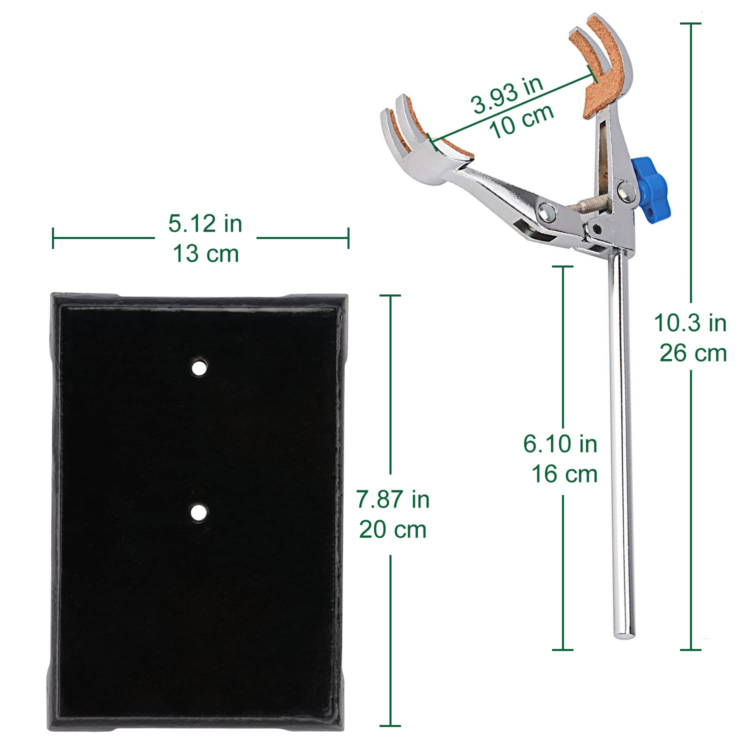 FunChem Set di supporto da laboratorio, supporto in acciaio inox con asta (56,9 cm di lunghezza), morsetto girevole regolabile a 4 rebbi, anello di storta e 2 teste di testa