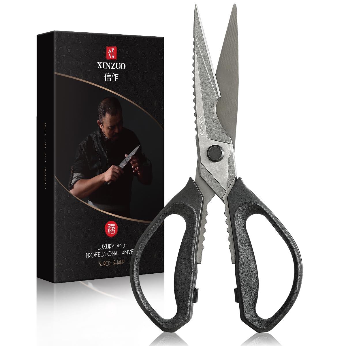 XINZUO Forbici da Cucina Professionali Acciaio Inox Rivestite in Titanio Nero Manico Antiscivolo