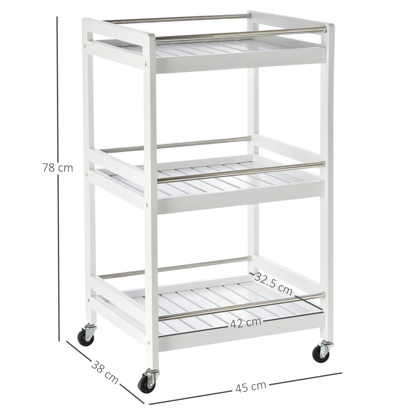 HOMCOM Carrello da Cucina Salvaspazio in Legno e Acciaio Inox, con 3 Ripiani e 4 Ruote 360°, Bianco, 45 x 38 x 78cm