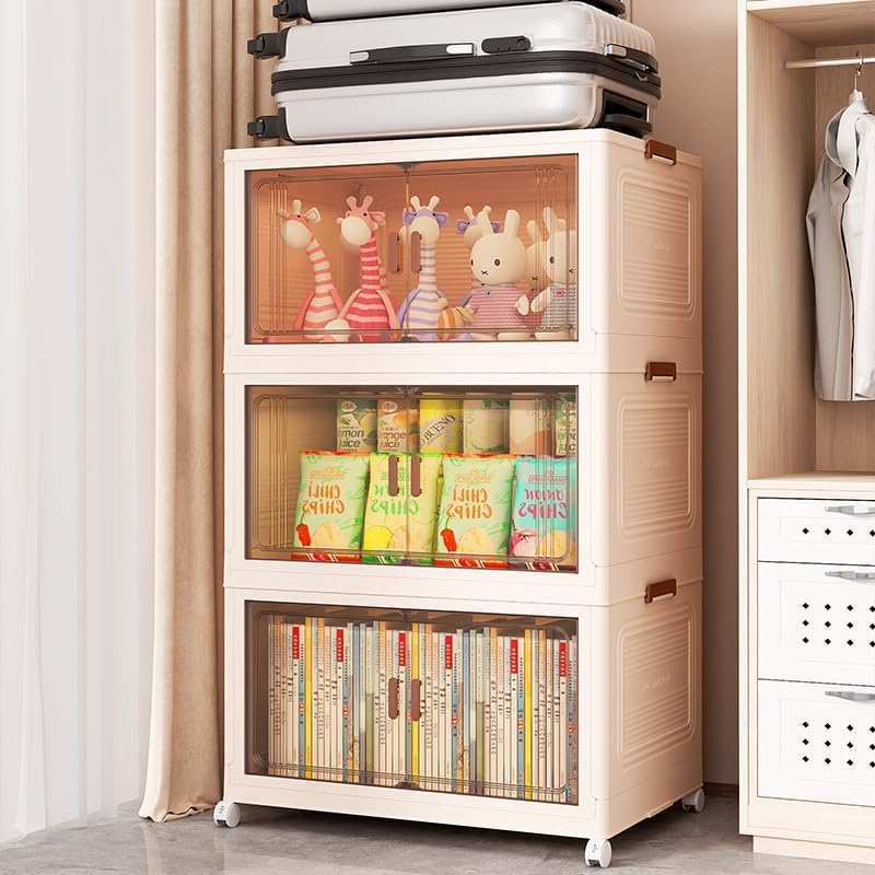 Closet Organizers and Storage 81Qt 3 Pack Storage Bins with Lids and Wheels Stackable Storage Bins for Clothes/Snacks- Foldable Containers for Home, Office, Dorm Room (27Qt X 3) M-with 3 Lid