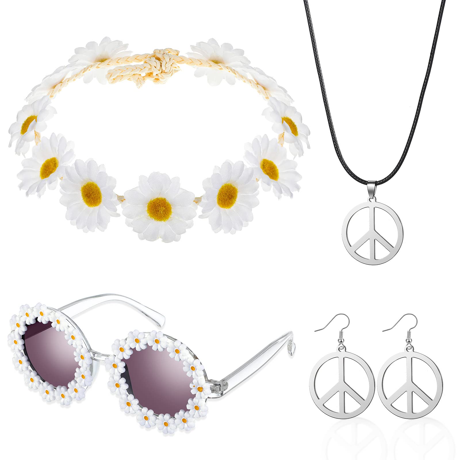 Aoriher Conjunto de Disfraz Hippie para Mujer Incluye Diadema de Flor Margarita Gafas Redondas Collar de Signo de Paz y Aretes Accesorios de Vestir Hippie Retro de Años 60 y 70 para Fiesta Temática