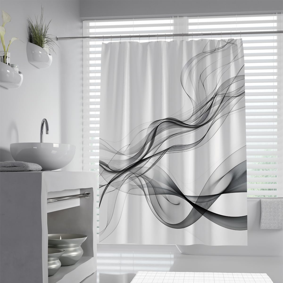 Uiringart Shower Curtains Black White Abstract Waves W180xl200cm Modern Minimalist Waterproof Water Repellent Bath Tub Curtain Decor With Hook