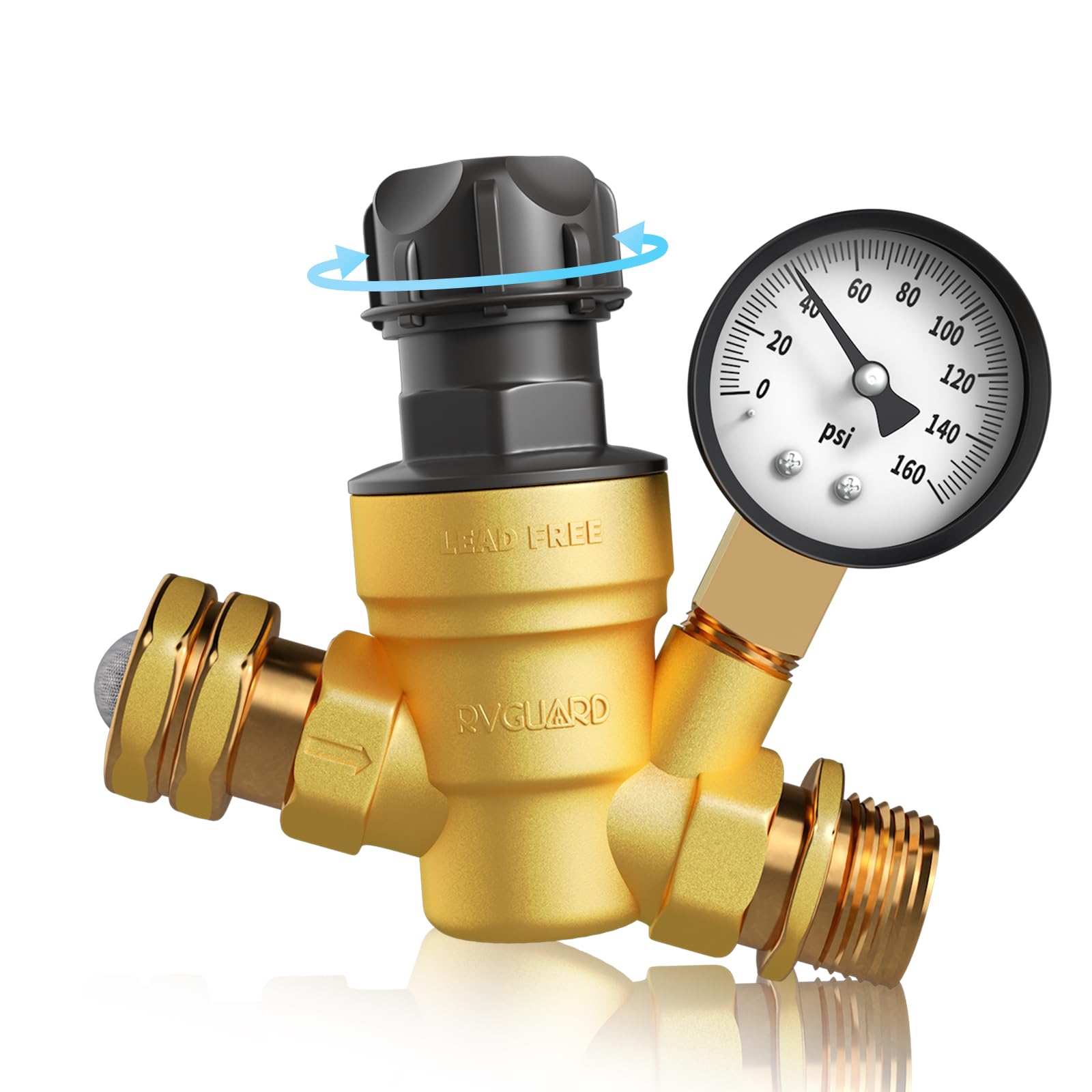 RVGUARD RV Water Pressure Regulator Valve With An Adjustable Knob, NO Tool Required, Brass Lead-Free Water Pressure Reducer with Gauge and Inlet Screen Filter for RV Camper Travel Trailer