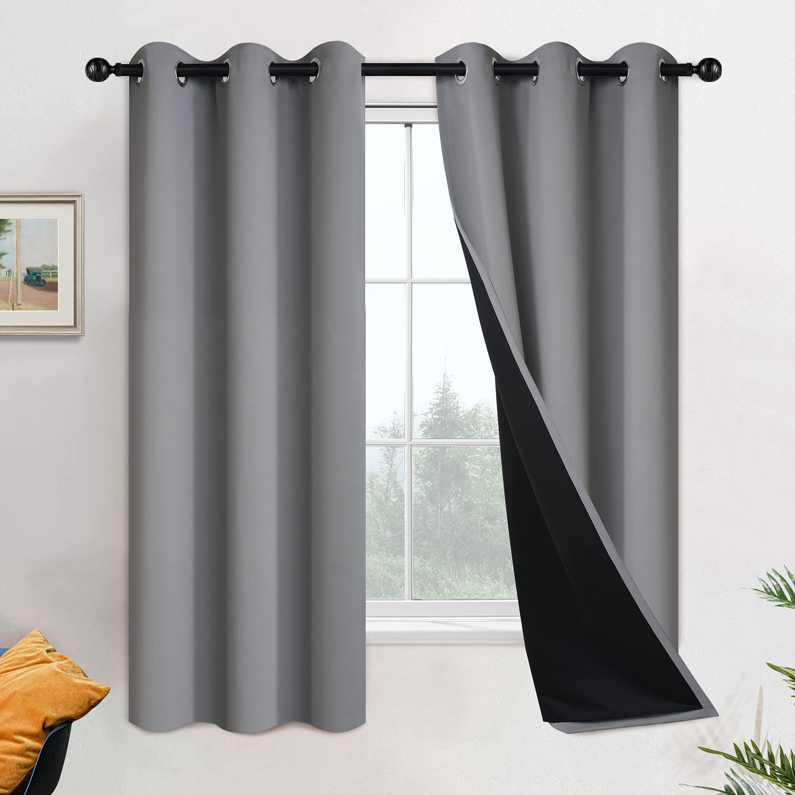 Yakamok 63 Inch Length 100% Blackout Curtains for Bedroom, 2 Thick Layers Thermal Insulated Grommet Total Blackout Drapes with Black Liner for Living