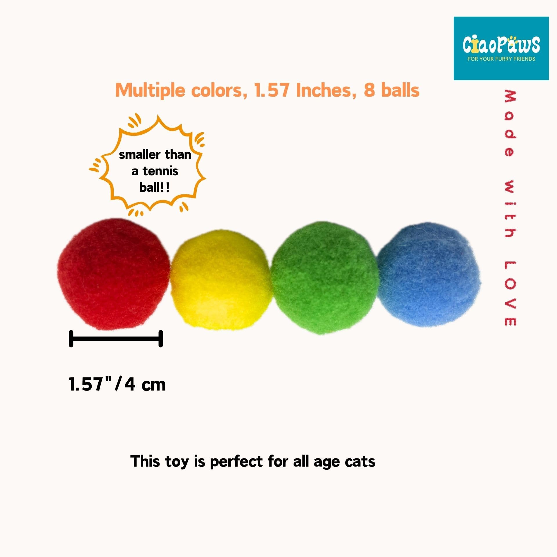 [CiaoPaws] 8 pcs 1.57 inch Pom Pom Balls Cat Toy - Slient and Safe for Cats' Indoor Playing and DIY Crafts (1.57