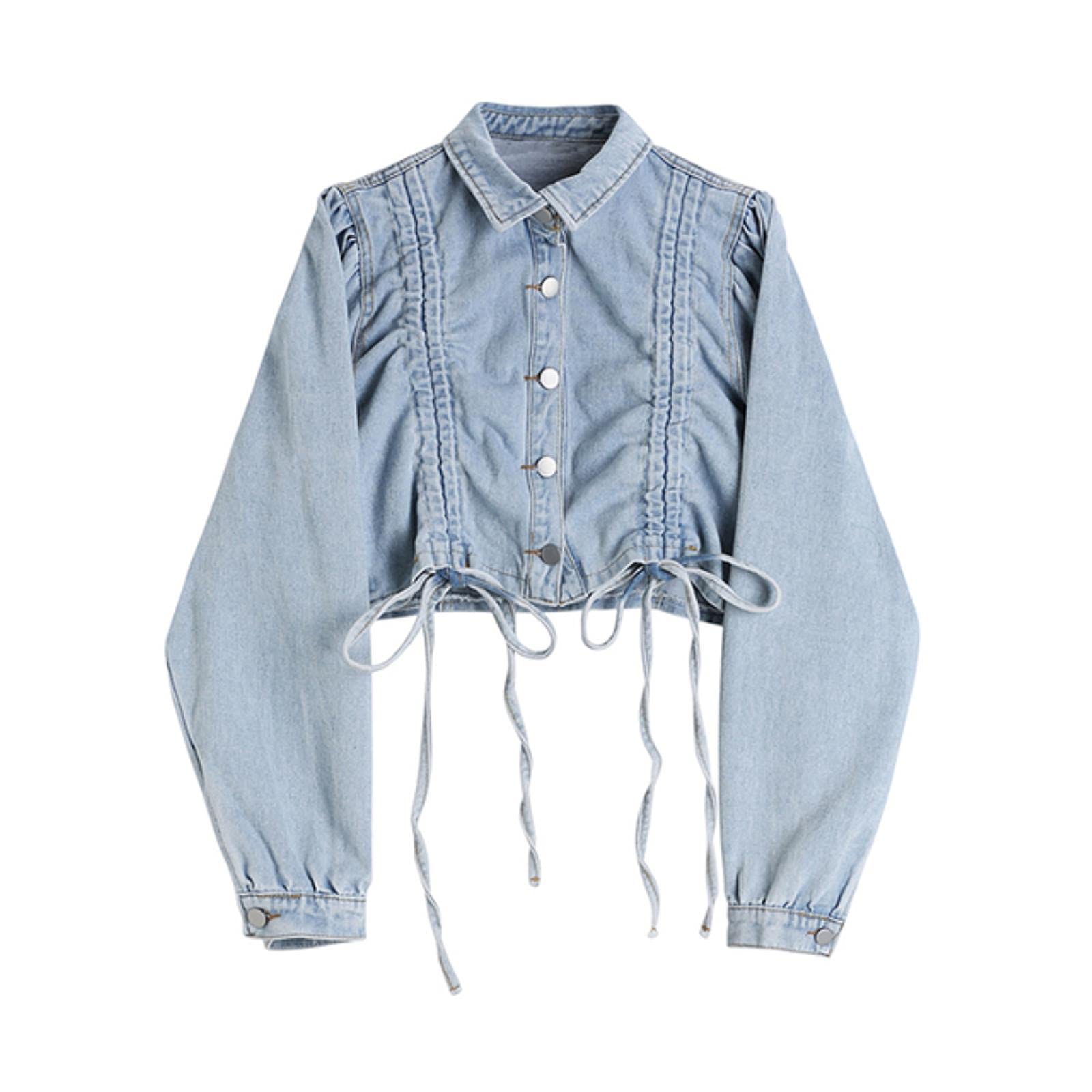 UKKO Giacca di Jeans Autumn Pleated Button Jacket Giacca Donne Hip Hop Street Style Croundped Coulisstring Breasted Denim Cappotti Femminili-M,Blue