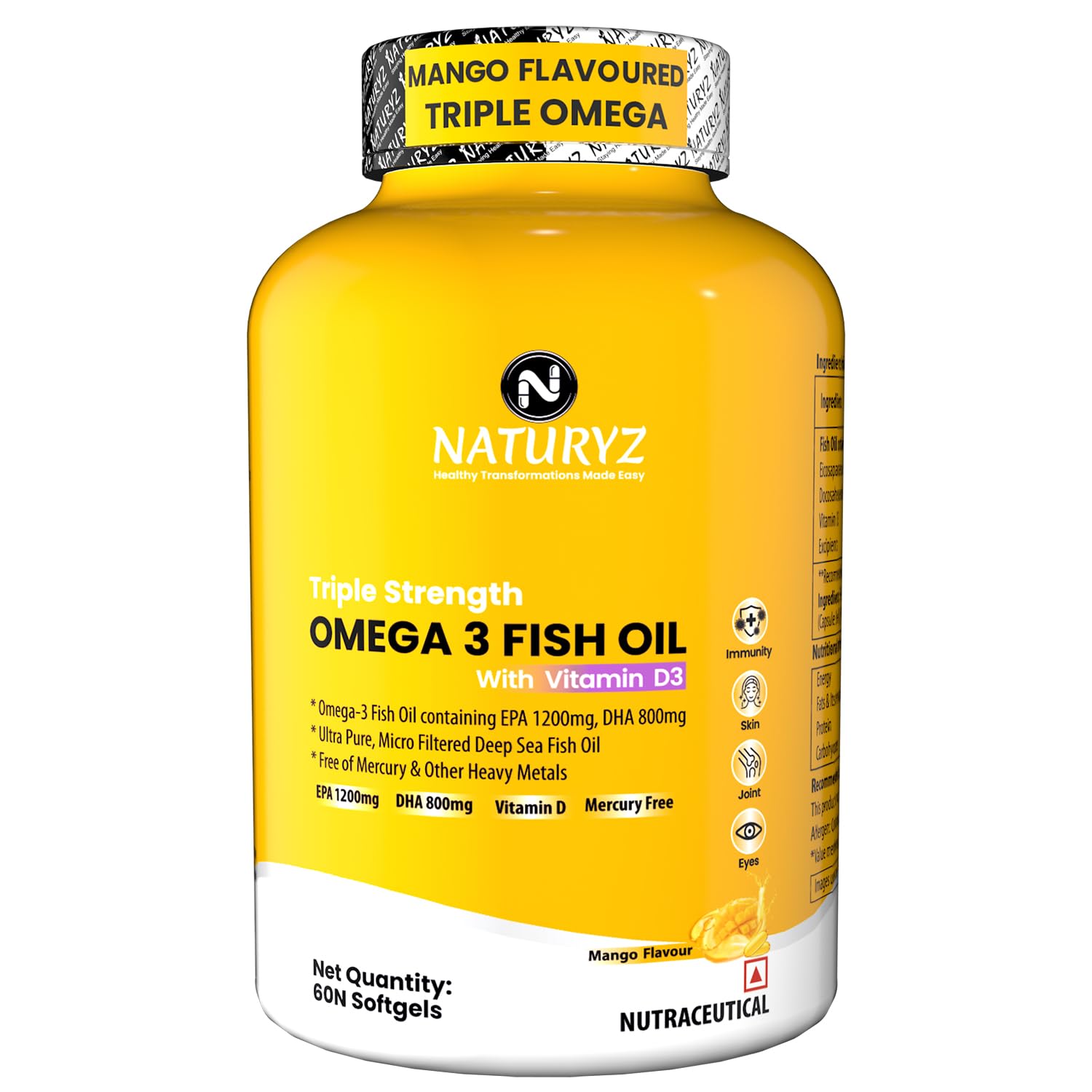 Naturyz Mango Flavoured Triple Strength 2500 Mg Omega 3 Fish Oil With Vitamin D3|Highest Strength 2000 Mg Omega 3 Per Serving (Epa 1200 Mg Dha 800 Mg) Deep Sea Fish Oil - 60 Capsules,1 Count