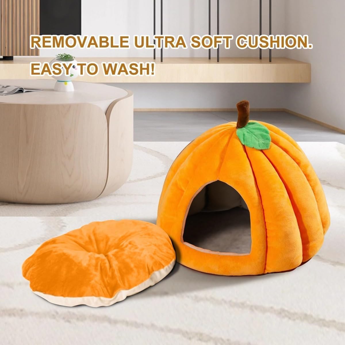 review Pumpkin Cat Bed, Pumpkin Cat House,Cute Pumpkin Cat Bed Halloween Cat Bed with Removable Cushion for Indoor Cats (Orange, Small)