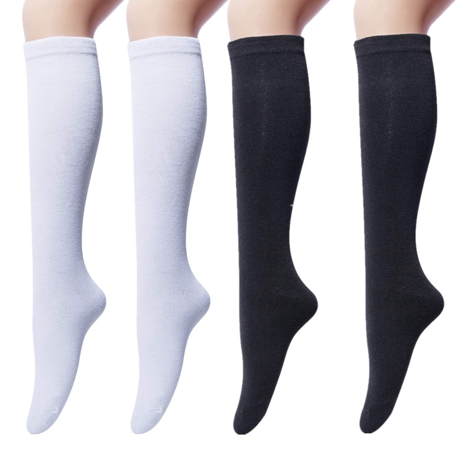 Knee High Socks for Women, Cotton White Long Tube Sock Black Stockings Striped for Boot Outdoor Sport
