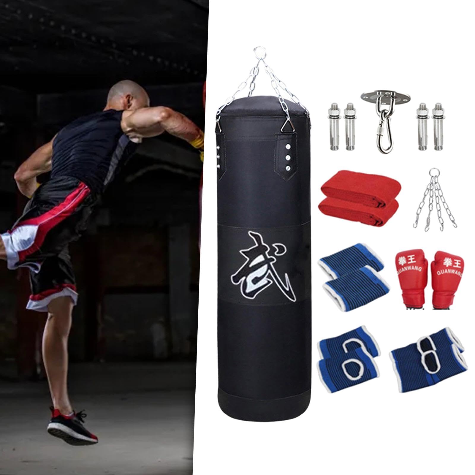 QSTDGVPW Premium Boxing Set with Gloves and Hanging Bag for Home Gym, Black 120cm