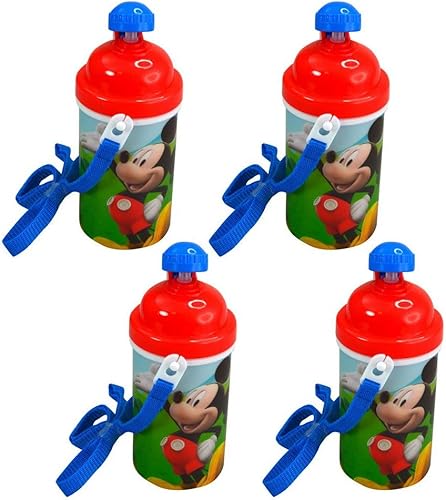 Zak Designs Paquete de 4 botellas de agua de Disney Mickey Mouse Kids con tapa desplegable de 12 onzas con correa de transporte