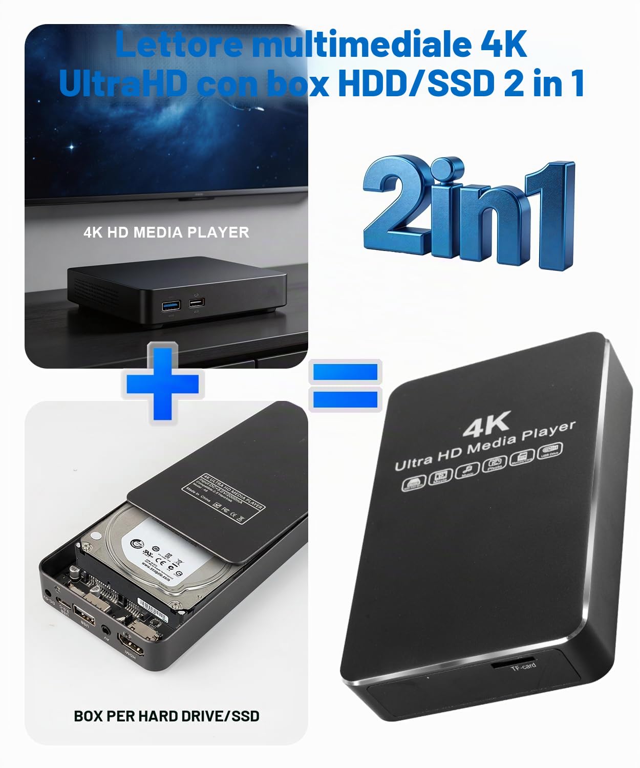4K HDD 60Hz Media Player & HDD Enclosure 2-in-1, Metal, Play H.265/HEVC H.264/AVC MP4 MKV Video MP3 Music JPG Photos,4K HD, analogico AV,USB 3.0,Type C,Supporta SSD,2.5" SATA HDD con scheda USB/SD