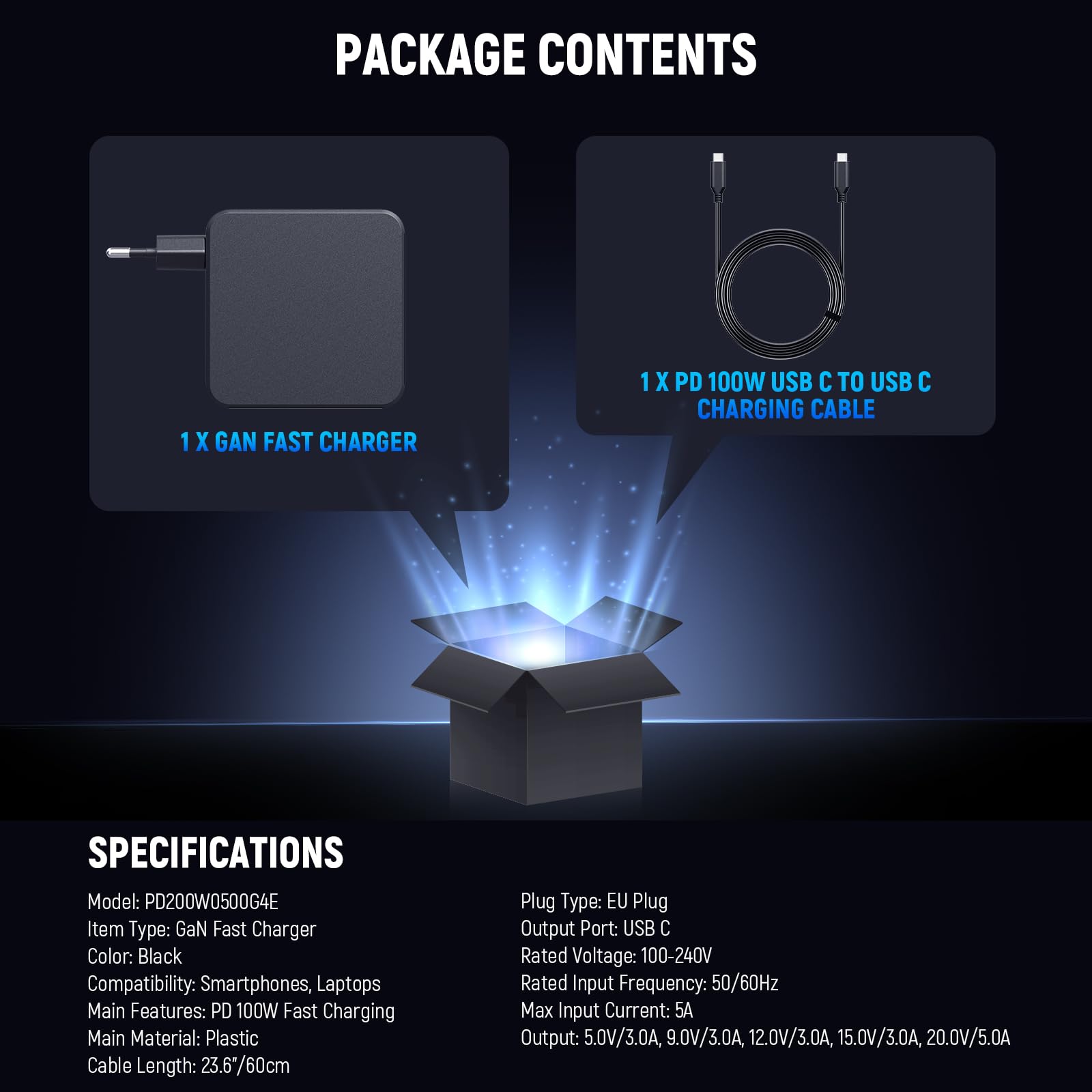 NEEWER Ładowarka PD 100 W USB C z kablem do szybkiego ładowania USB C 100 W, GaN ładowarka AC zasilacz sieciowy do NEEWER HB80C HS60B HS60C lamp wideo V Mount akumulator NP-F, PD200W0500G4E