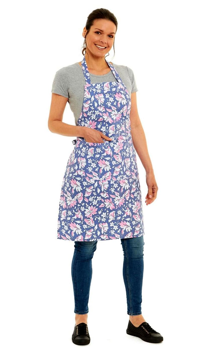 Tesmark Floral Barbecue & Butcher Aprons for Men and Women with Pockets, One Size Floral Design Versatile Aprons Ideal for Home, BBQ and Professional Use (Navy)