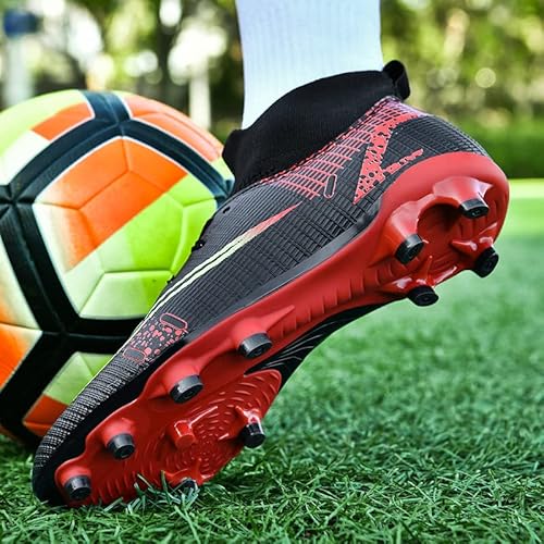 Liuliulife Soccer Cleats Mens Football Team Turf Lightweight Running Outdoor Comfortable Training Football Shoes For Boys High Top Soccer Shoes Men Black-Red #TOP7