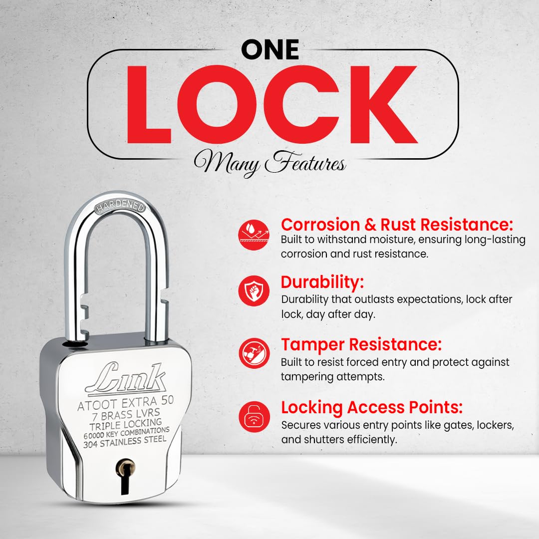 Link Atoot Extra 50mm Lock 5Pcs Set | 60000 Key Combinations | 304 Stainless Steel Body | Hardened Shackle | Made in India | 3 Silver Keys with Keychain | 3Kyes for Each Lock — Amazon image 3