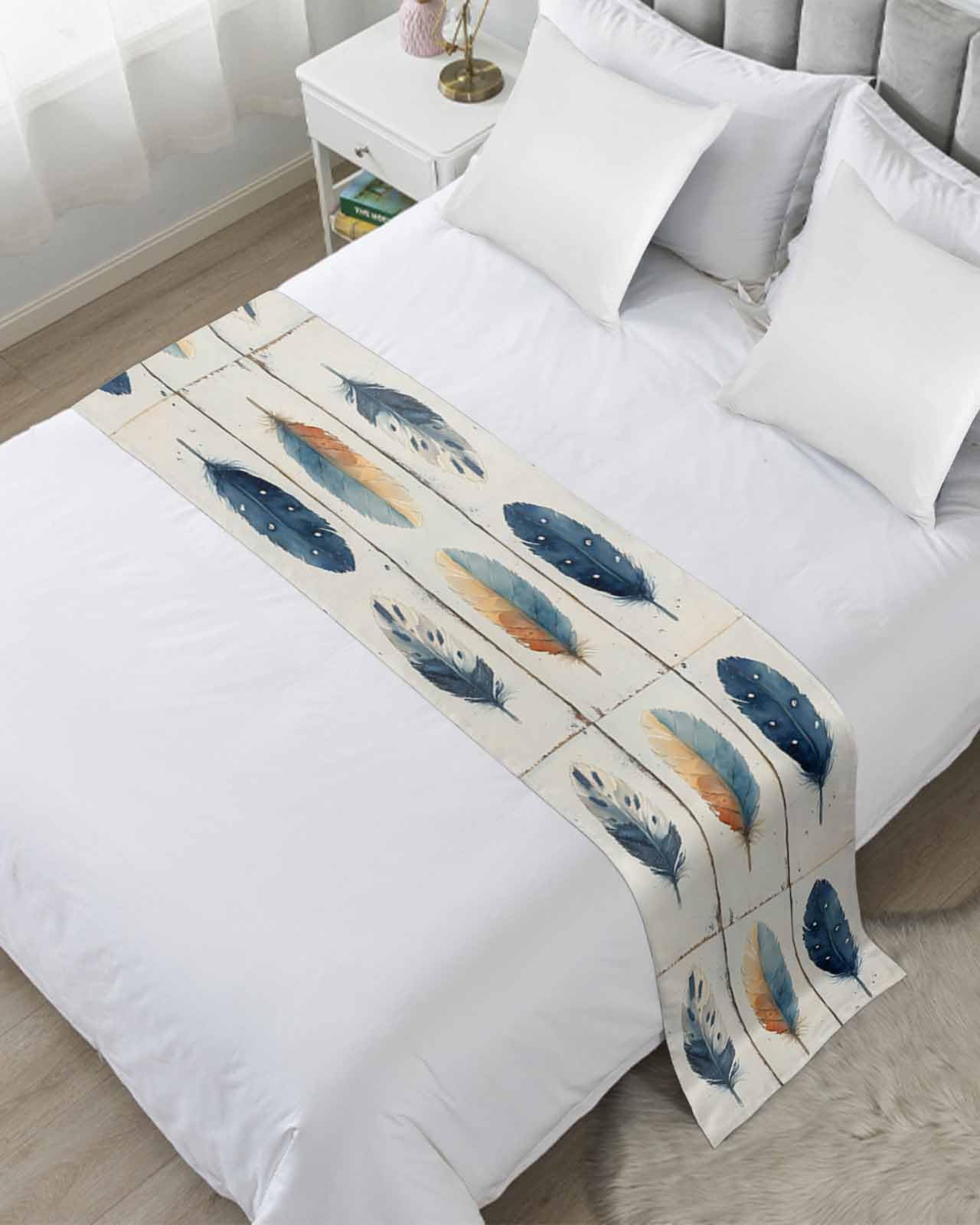 Blue Brown Feathers Bed Runner for King Size, Boho Ombre Vintage Wooden Grain Bedspread Protector Slipcover Bed Scarf for Foot Runners & Scarves for Bedroom Hotel Wedding Room 102x20 Inches