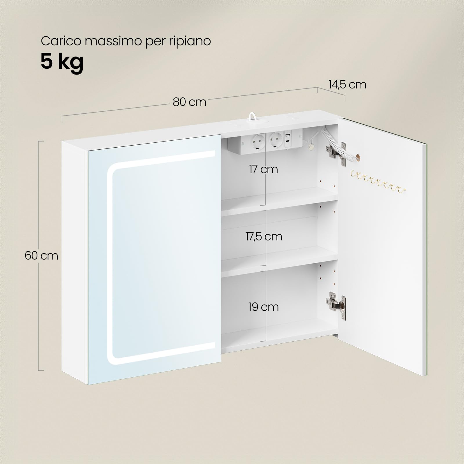 EUGAD Mobile Bagno con Specchio e Luce, Armadietto Bagno a 3 Porte con Ripiani Regolabili, Ganci e Prese, Luce Tattile a 3 Colori, per Appartamento, Bianco (80x14,5x60 cm)