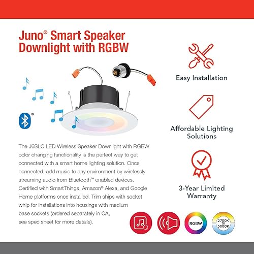 Miniatura 3 de Juno J6SLC RGBW MW M6 Smart RGBW Altavoz Downlight, color dinámico rojo, verde, azul blanco, blanco mate, 6 pulgadas