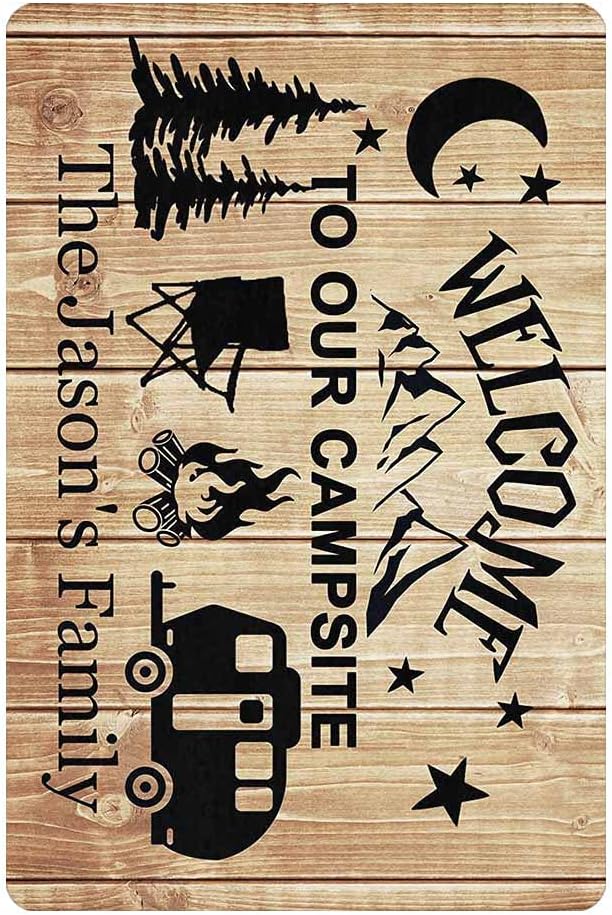 Custom Camping Mat Personalized Camper Doormat Welcome to Our Campsite, Mountain Tree Camper Fire Brown Wood Door Mat Rug Welcome Indoor Outdoor Decor Entrance Mat Non Slip Floor Mat Rug for 24"x16"