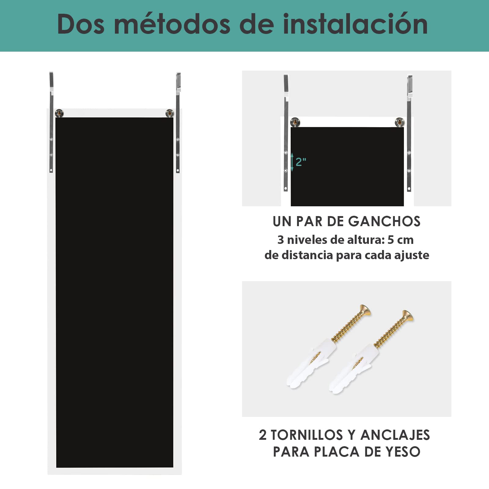 COSTWAY Espejo de Cuerpo Completo en Puerta o Pared 120 x 37 cm con Ganchos (Blanco)