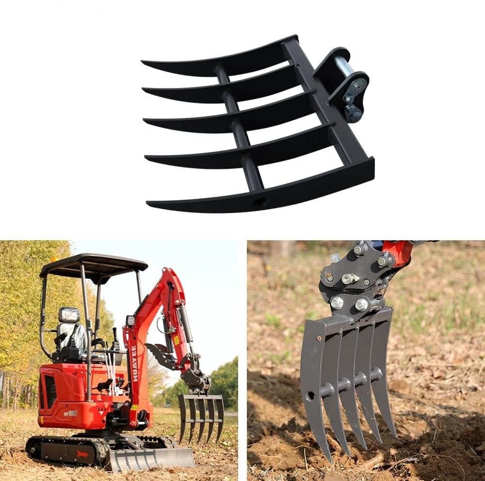Rastrello per Miniescavatore 0,8–1,8T, Accessorio Escavatore Compatto per Livellamento Terreno, Rimozione Detriti e Preparazione Suolo con Attacco 25 mm