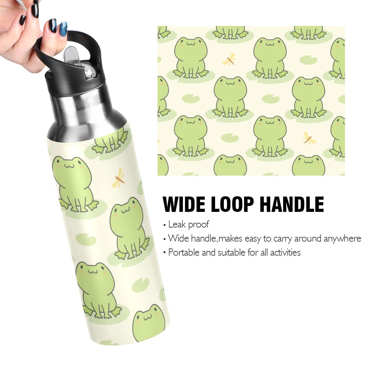 Edelstahl Wasserflasche mit Strohhalm, niedlicher Frosch isolierte Trinkflasche Sport Wasserflasche für Kinder Erwachsene, auslaufsicher, 1L