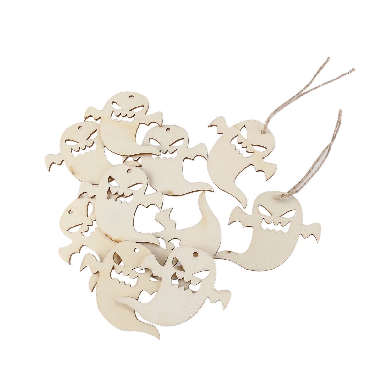 10Pcs Wooden Embellishments with String Halloween Decoration Snicker Ghost Pattern