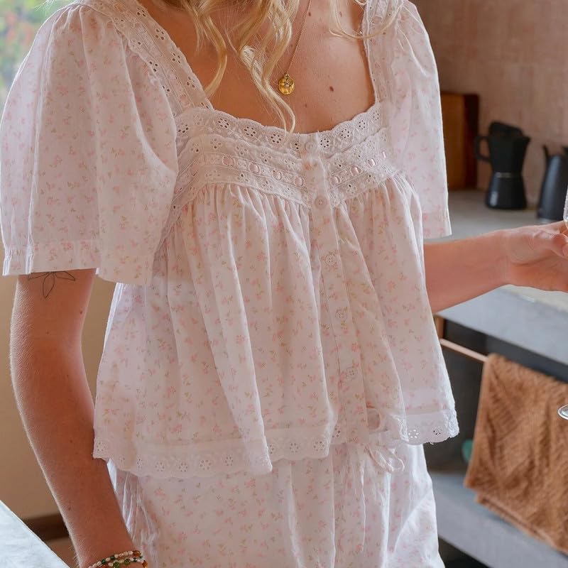 Image of ROAONOCOMO Women Floral Pajama Set Ruffle Puff Sleeve Peplum Shirt Coquette Pj Set Bow Babydoll 2 Piece Shorts Outfit