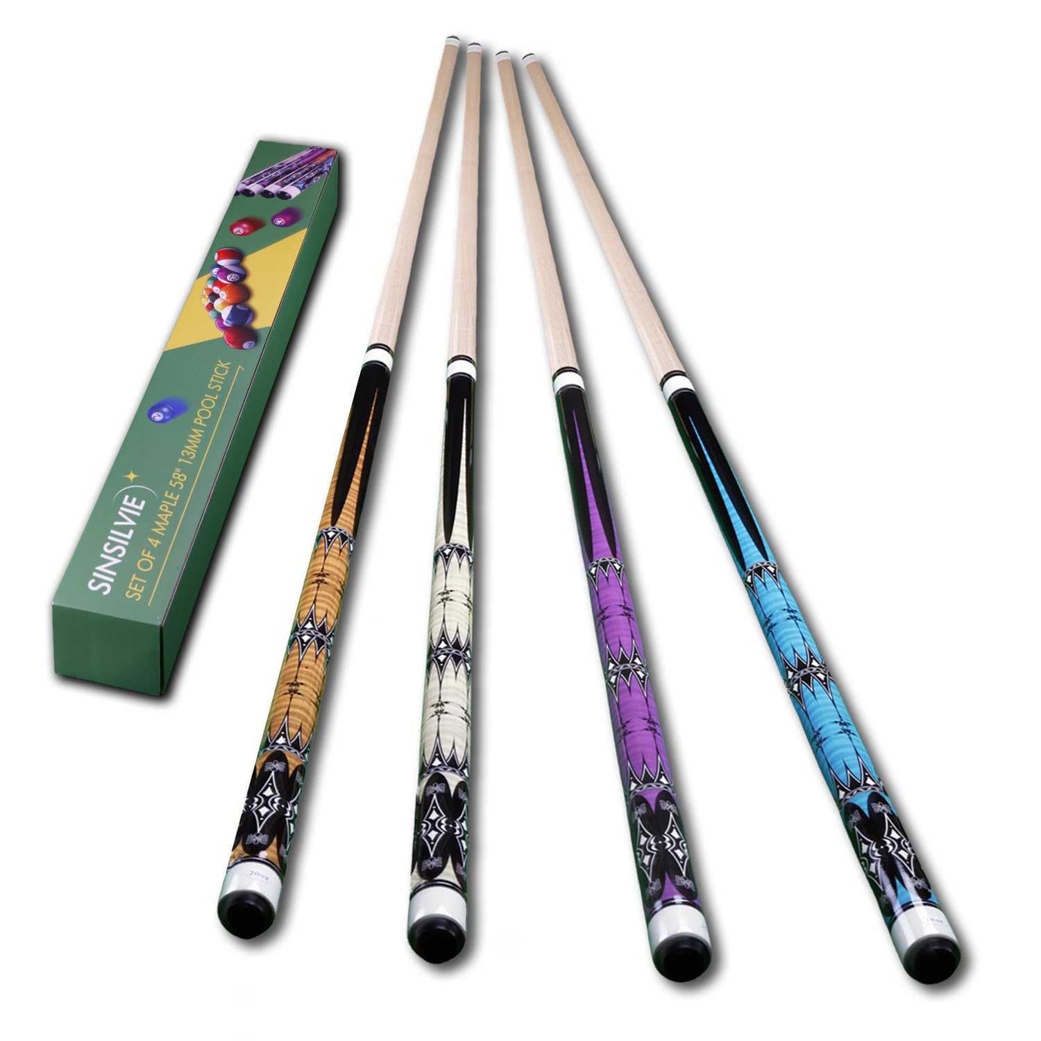 Sinsilvie 13mm 58 Inch 19 20 oz Billiard Pool Cue Stick, 1/2 Maple Billiard Pool Stick, House Bar Pool Table Sticks for Men (Set of 4)