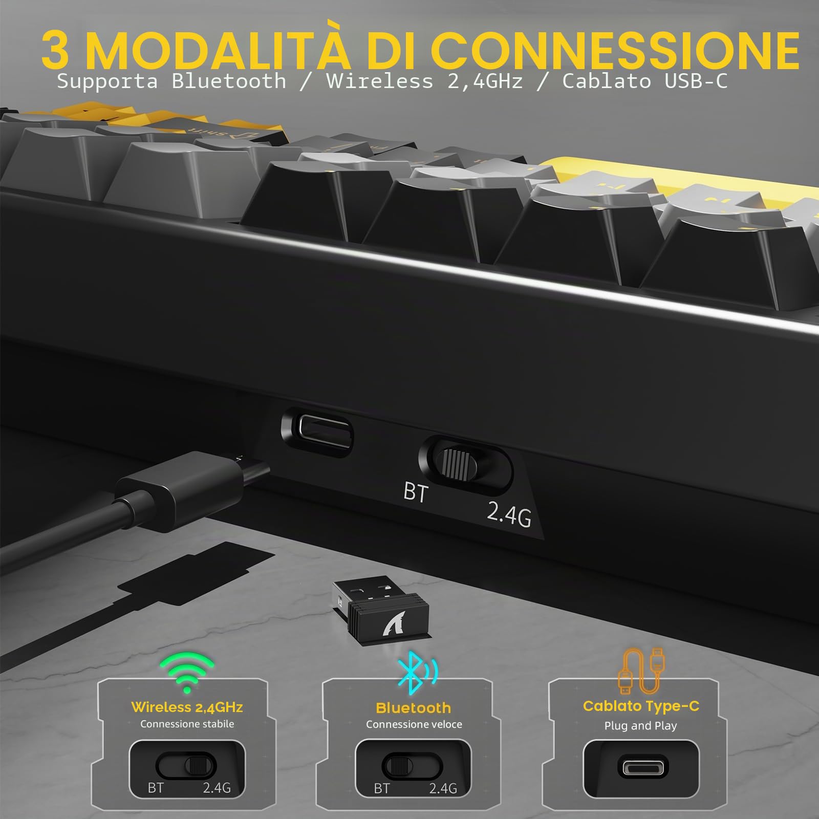 ATTACK SHARK Tastiera meccanica wireless X86, 75% tastiera da gioco interamente in alluminio CNC, guarnizione retroilluminata RGB, tastiera personalizzata hot swap con manopola, BT/2.4G/USB-C,