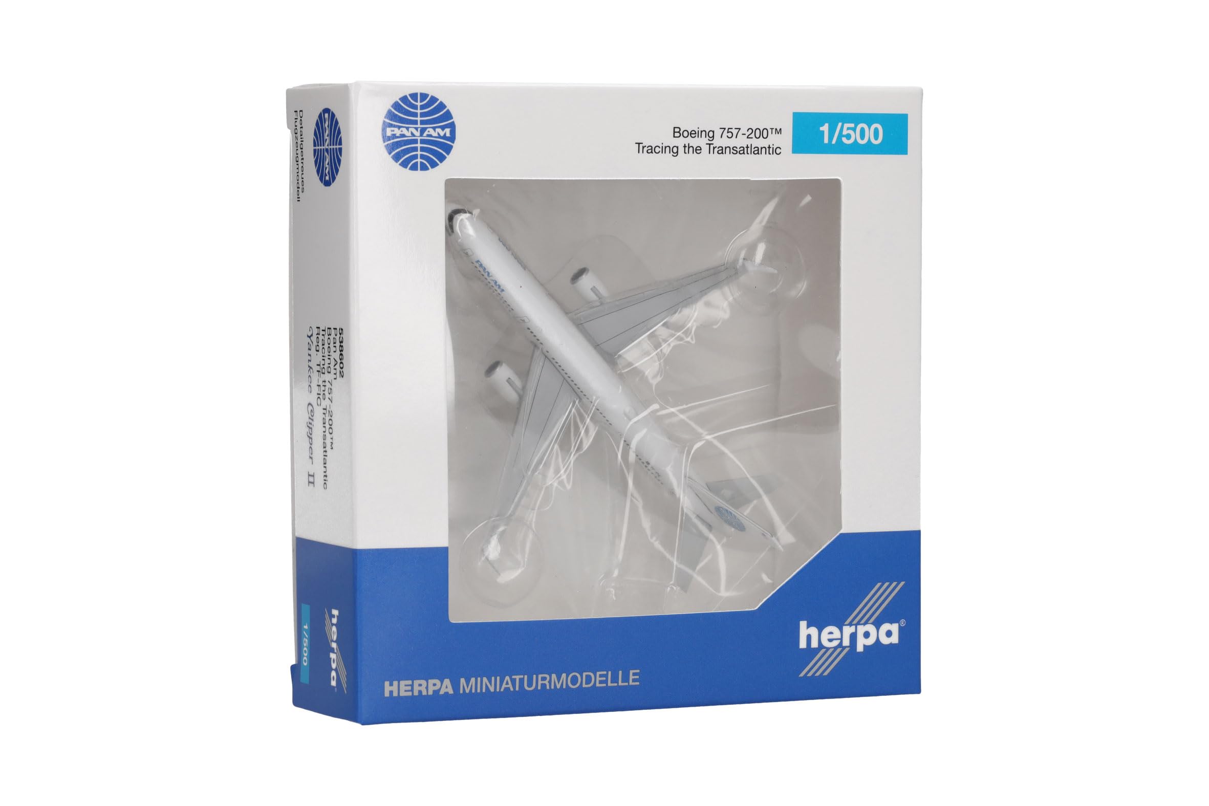 Herpa aereo in miniatura Pan Am Boeing 757-200 “Tracing the Transatlantic”, miniatura in scala 1:500, pezzo da collezione, modello di aereo senza base, metallo