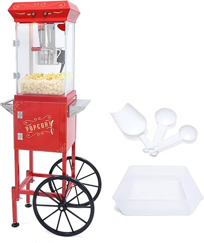 Miniatura 11 de Máquina comercial de palomitas de maíz con carrito y hervidor de 20 onzas, máquina de palomitas vintage de 1440 W sobre ruedas con vidrio templado y