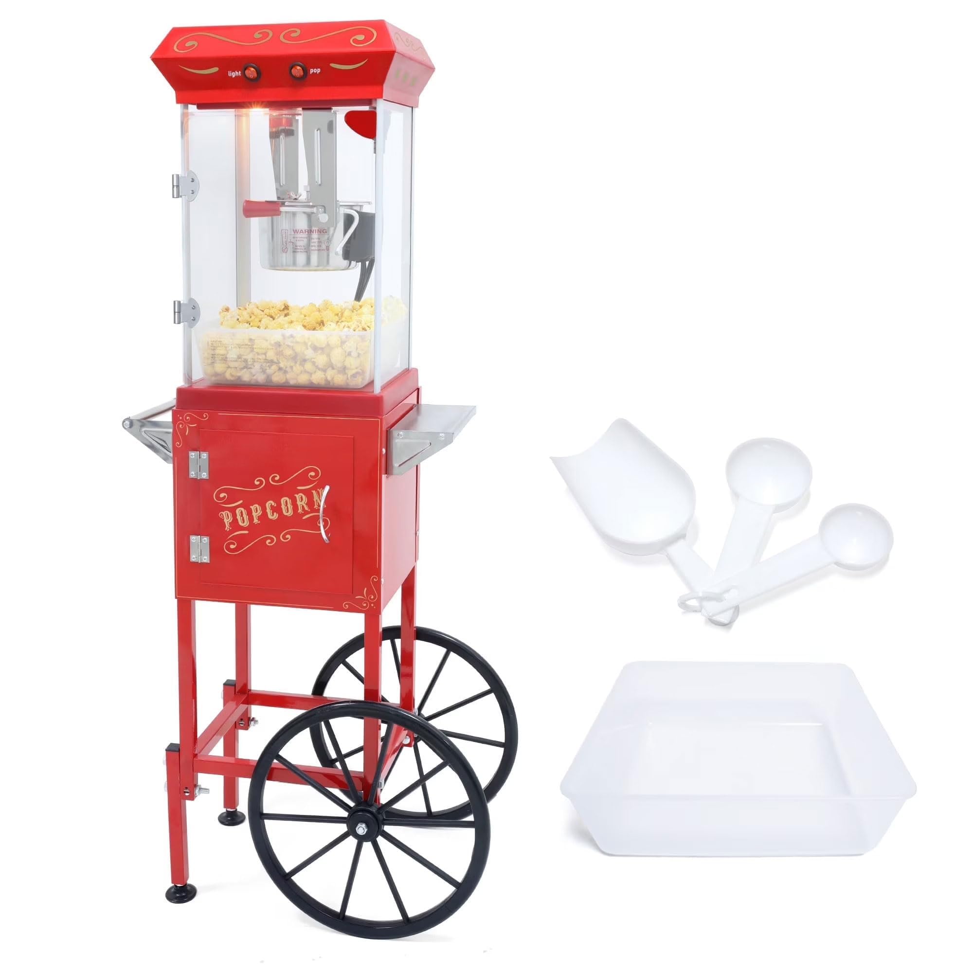 Commercial Popcorn Machine with Cart &amp; 8 Oz Pot, Stainless Steel Vintage Style Popcorn Maker with Wheels, Lockers &amp; Oil Spoon for Home Theater, Parties, Business