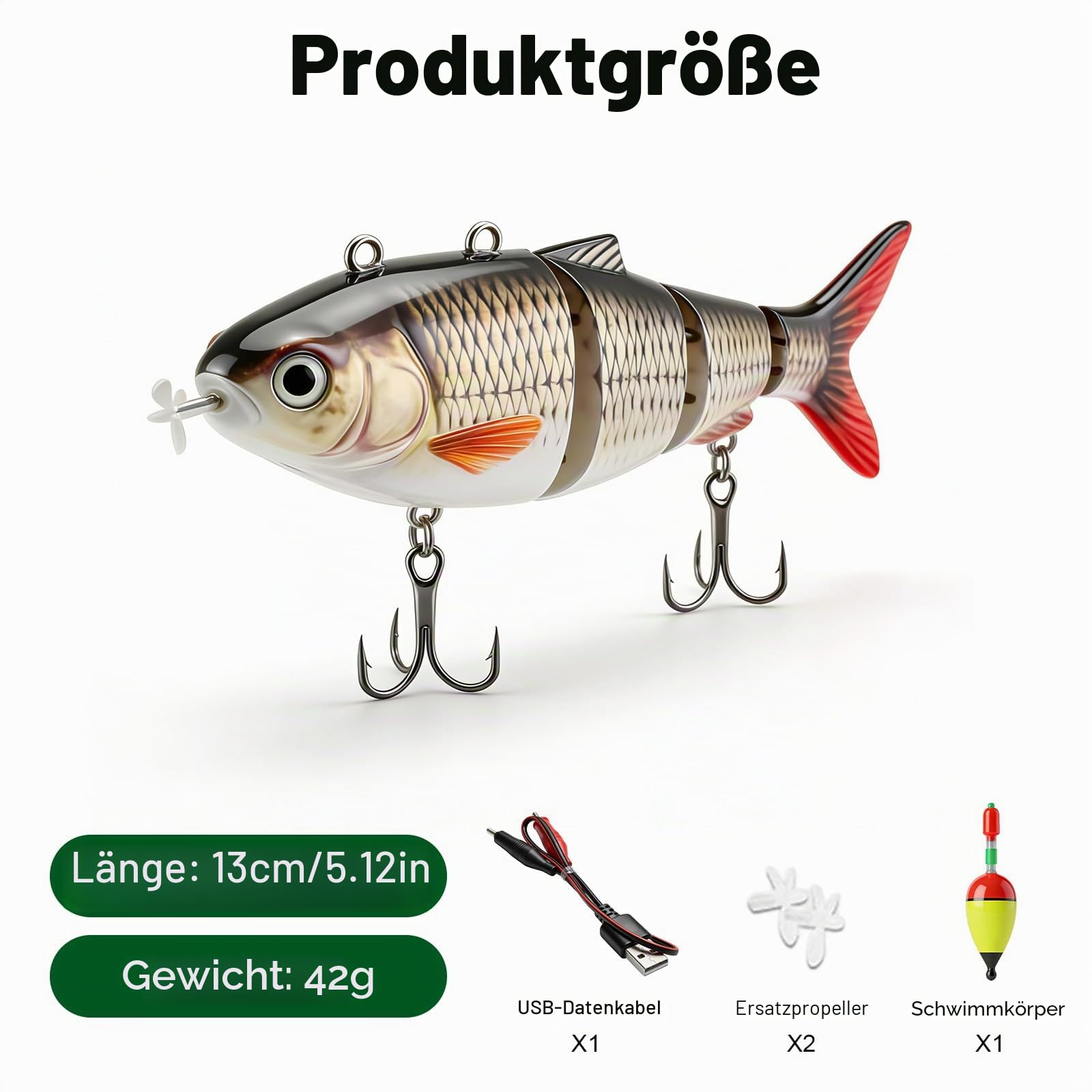 GAOUTO Elektrischer Angelköder: Grünes LED-Licht Roboter Angelköder, 3D-Design Wiederaufladbarer Schwimmköder, Metallglieder Mehrgelenkiger Köder, für Süßwasserangeln