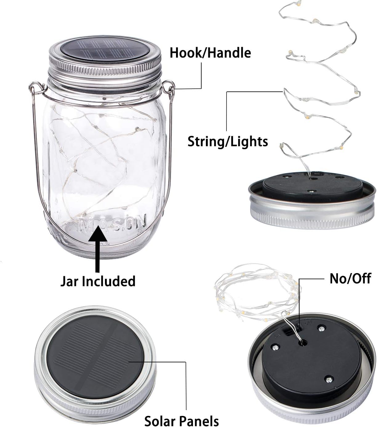Lumière de Jardin Solaire - 4 Pièces Lanterne de Verre Solaire Imperméable Mason Jar Lanterne Jardin Exterieur pour Décoration de L'éclairage Intérieur Extérieur Chambre Maison Noël (4 Pièces)