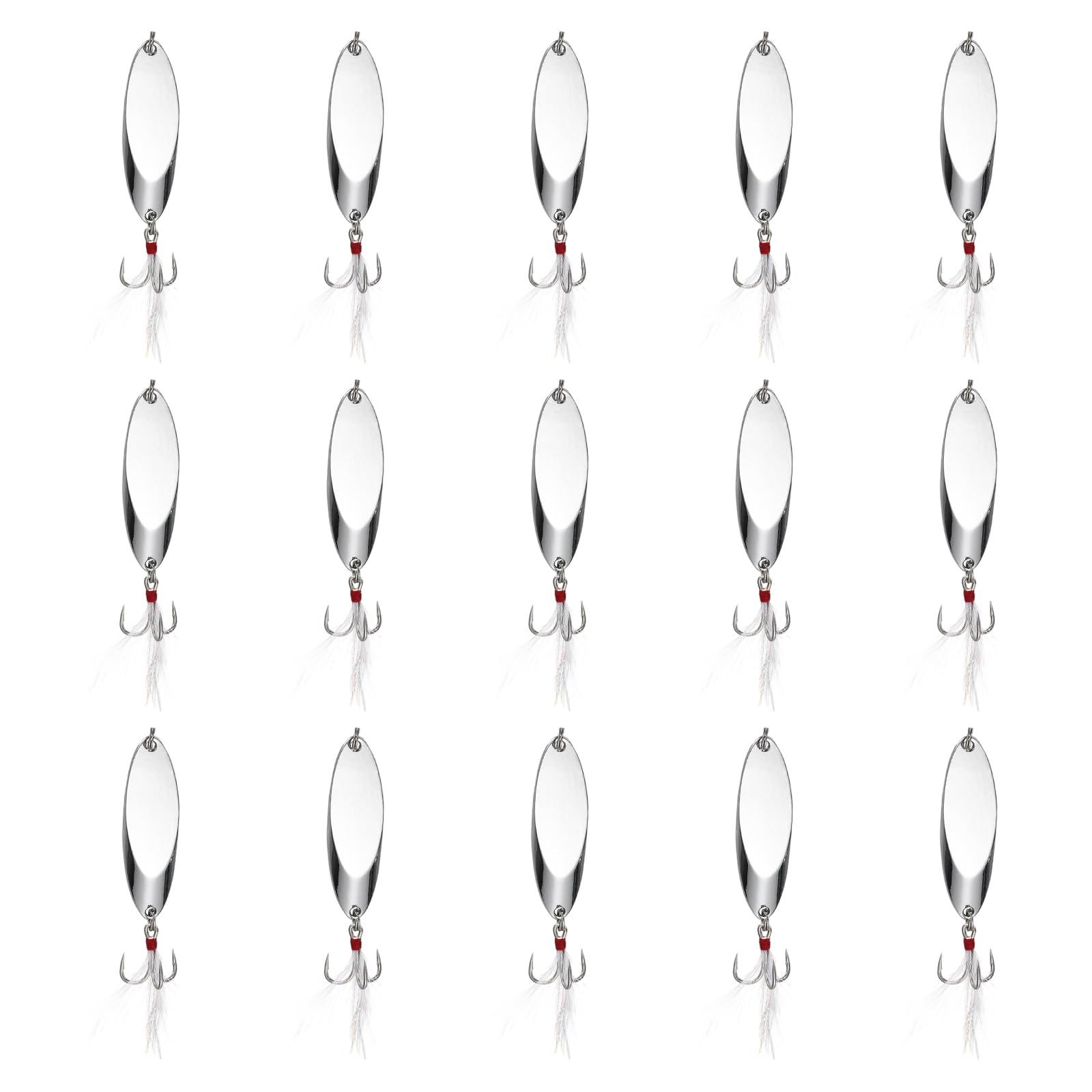 YELARXI Fishing Spoons Lures, Metal Saltwater Treble Trout Lures Jigging Spoon with Treble Hooks Spinner Baits 15 Pcs & 3/8 oz & Silver - Fitting for (Freshwater/Salmon/Bass/Trout)