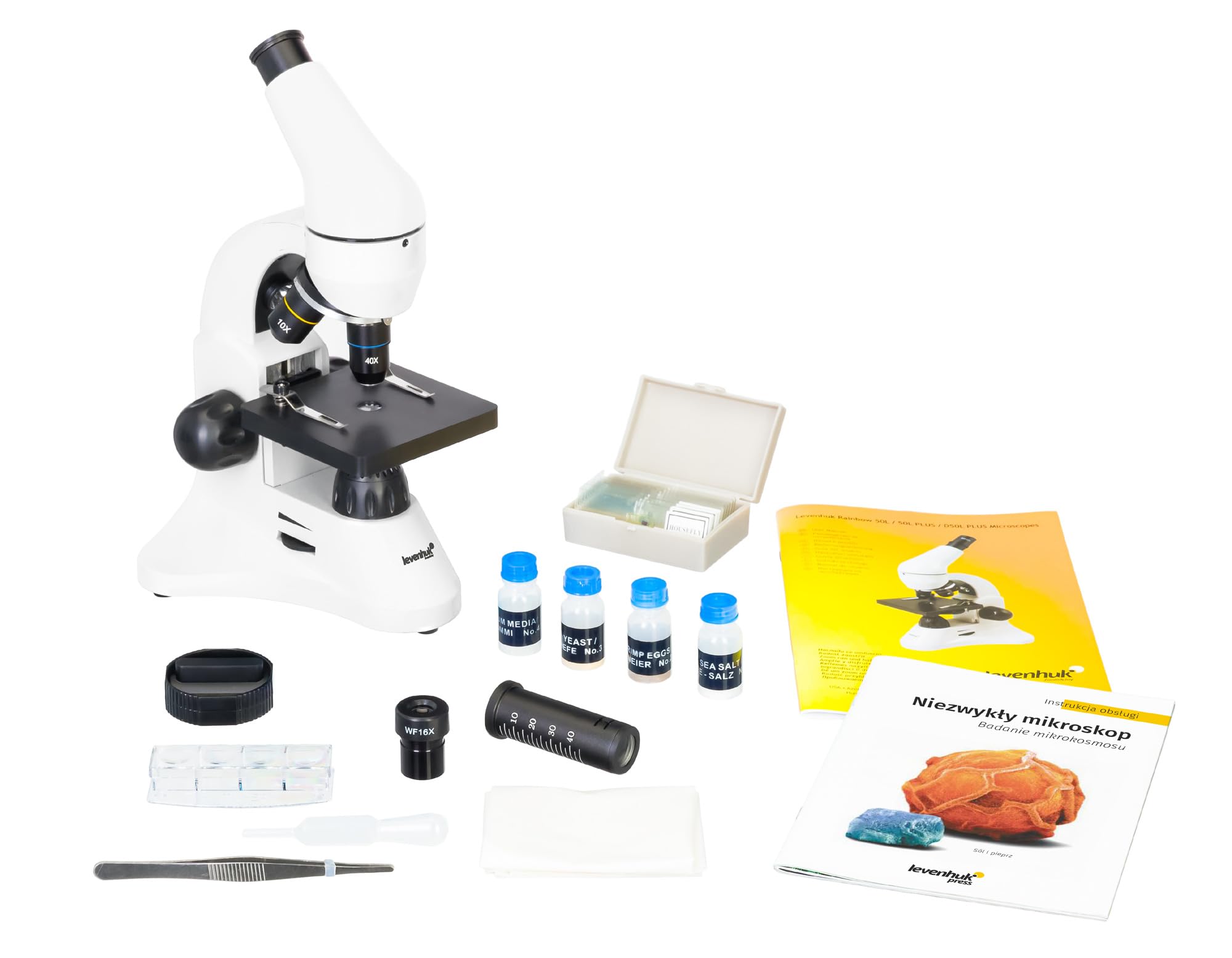 Levenhuk Rainbow 50L PLUS Moonstone Edukacyjny Zestaw do Eksperymentów z Przenośnym Mikroskopem o Powiększeniu 1280x, Ilustrowanym Przewodnikiem, Preparatami, Narzędziami Naukowymi i Futerałem (PL)