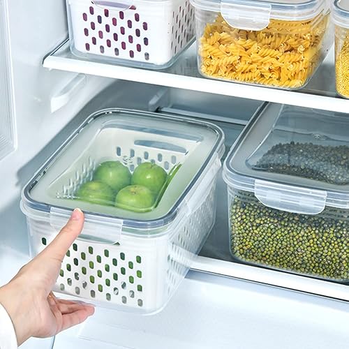 Miniatura 7 de ikasus Caja de almacenamiento para refrigerador con tapa y cesta de drenaje, contenedores de almacenamiento de frutas y verduras transparentes,